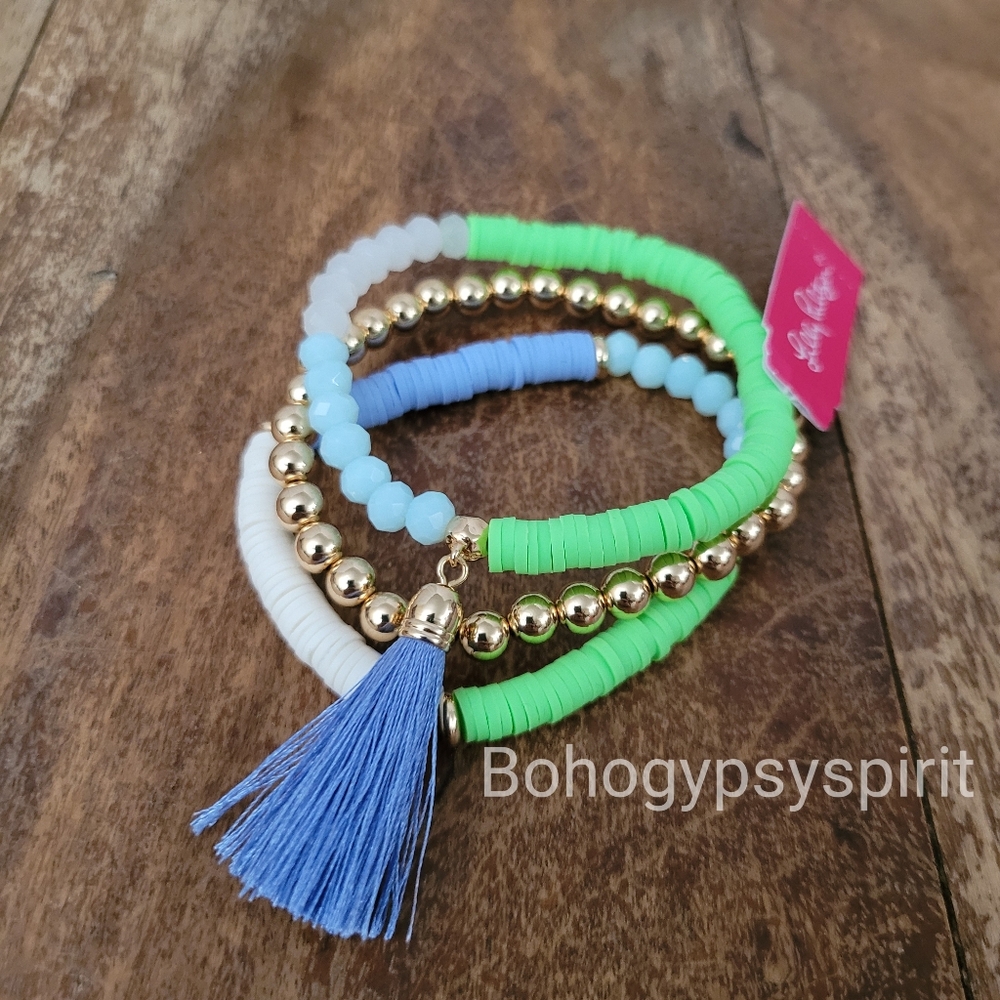 NWT $58 Lilly Pulitzer Gold Tone Colorful Triple Strand Tassel Stretch Bracelet